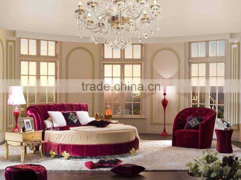 Hotel Bedroom Furniture Fabric Round Bed Glod Leaf Classic Solid Wood Legs DHR01