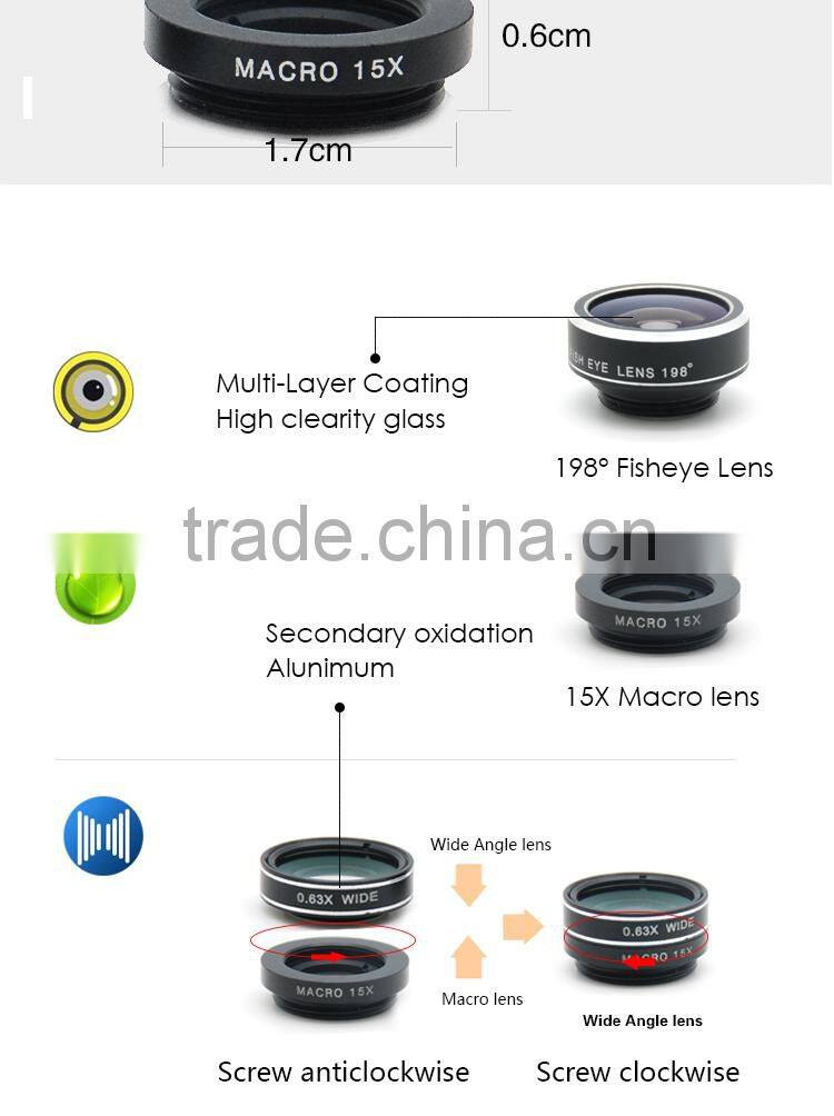 Europe and America hot selling anti-slip clip 198 degree fisheye lens mobile phone camera lens for iPhone Samsung HTC LG Huawei