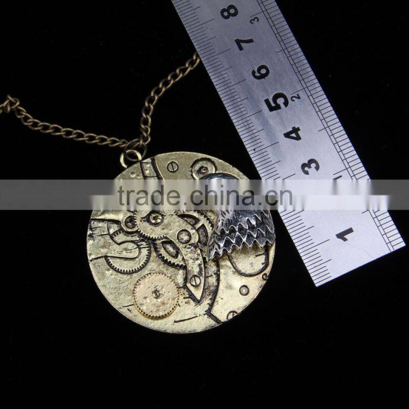 New arrival steampunk round cameo shape eagle head gear steam pendant statement necklace 2015 yiwu fashion jewelry hot sale