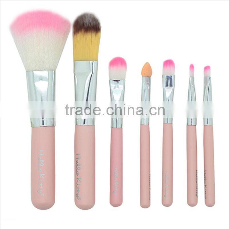 Hot sell professional 7pcs per set hello kitty makeup brushes pink wood handle synthetic hair make up brush set