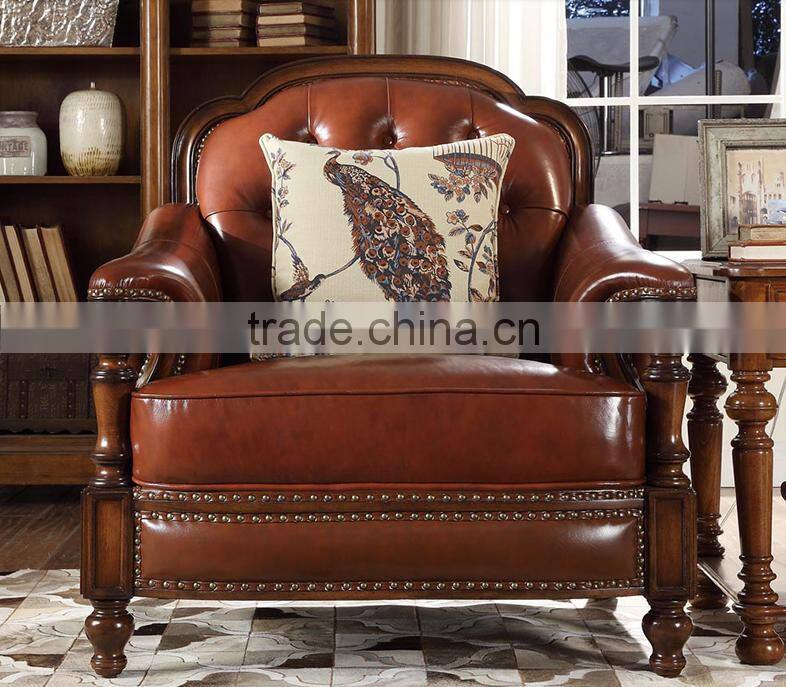 American classic concise solid wood hand carved living room furniture genuine leather 1+2+3 sofa set