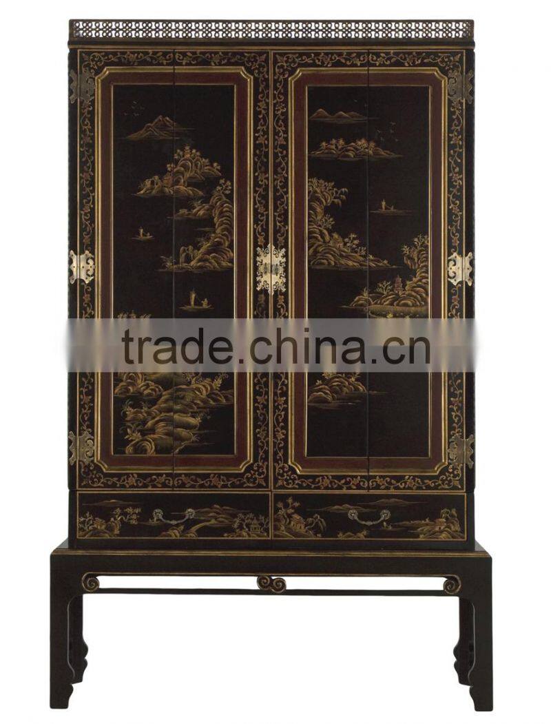 Chinese styel solid wood hand painted two doors wardrobe with drawers