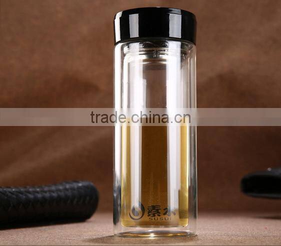 Top quality double wall mineral fruit infuser glass water bottle
