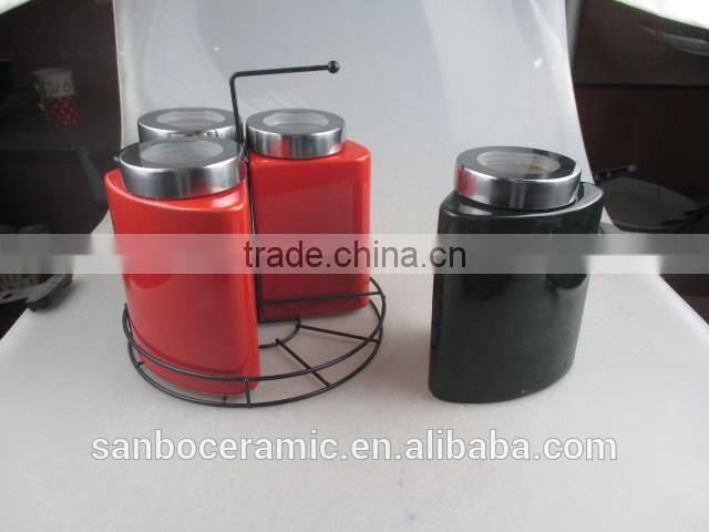 Ceramic Tea Coffee Sugar Pot With Plastic Lid in Red & Black Glazed