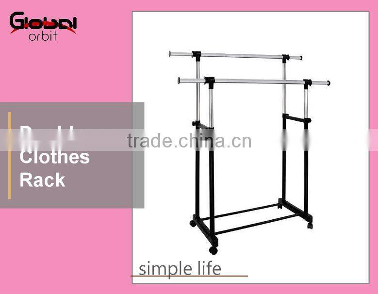 Telescoping double rolling garment rack, movable metal clothes hanger rack