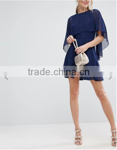 OEM Service Supply Type And Evening / Formal Dresses Type Elegant Evening Dress/ Navy Chiffon Dip Back Cape Mini Dress
