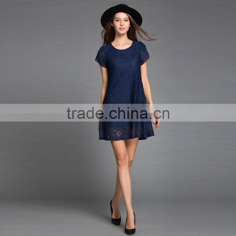 New designer short sleeve plain navy blue crochet lace one piece party dress