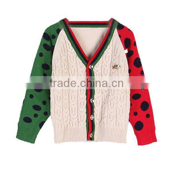 High Quality Contrast Color Cable Knit Boy's V-neck Cardigan Sweater