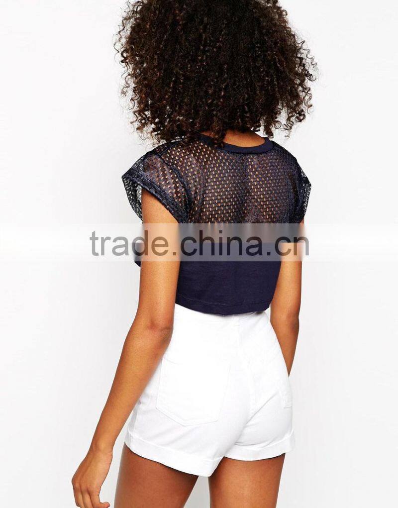 Mesh fabric crop t-shirt for girls wholesale