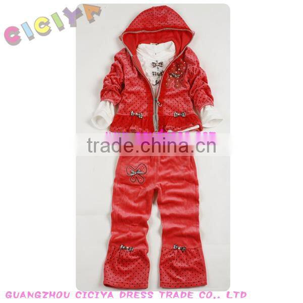 Girl bowknot designed velvet pajama 3pcs set(hoody jacket+hoody long sleeve high collar tshirt+long pants)