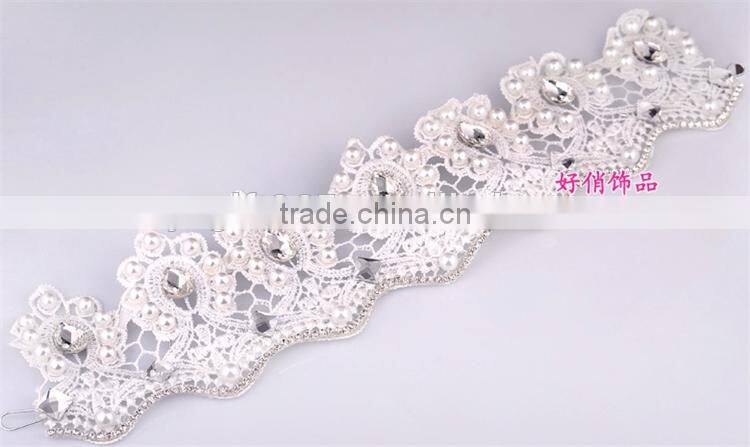 Flowers Lace Crown with Pearls Rhinestones Bridal Hair Accessories