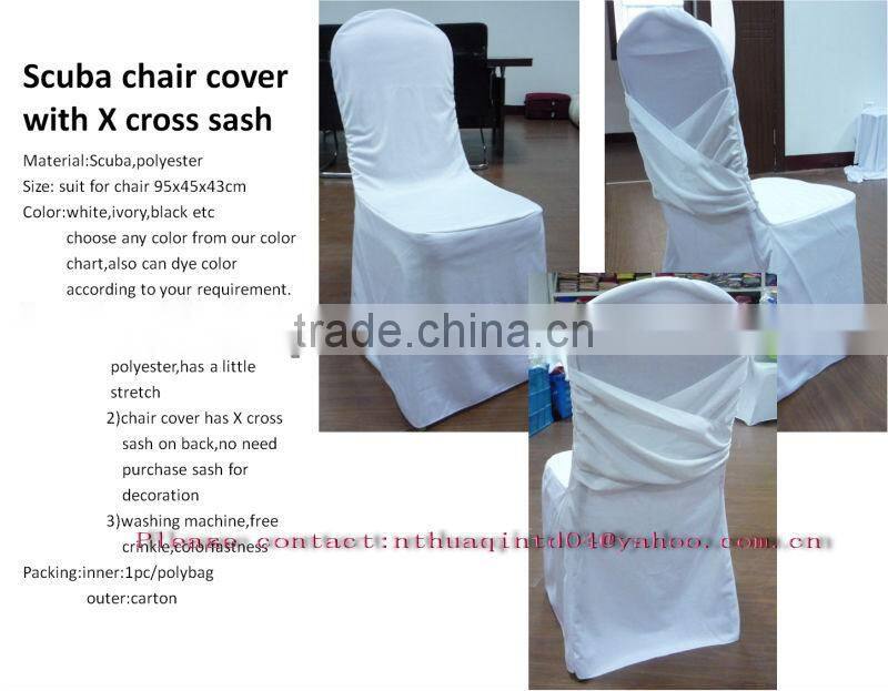 White polyester scuba chair cover wedding tie back scuba chair cover banquet scuba chair cover with sash