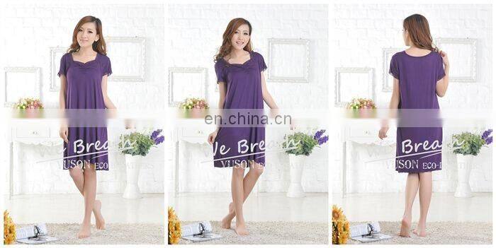 Lace trim square neck short sleeves bamboo sleep gown solid colors