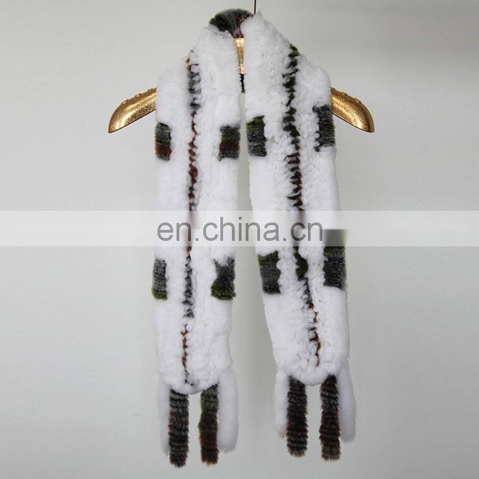 Fashion 2016 Genuine Rabbit Fur Knitted Women Scarf with Fur Trim Tassel
