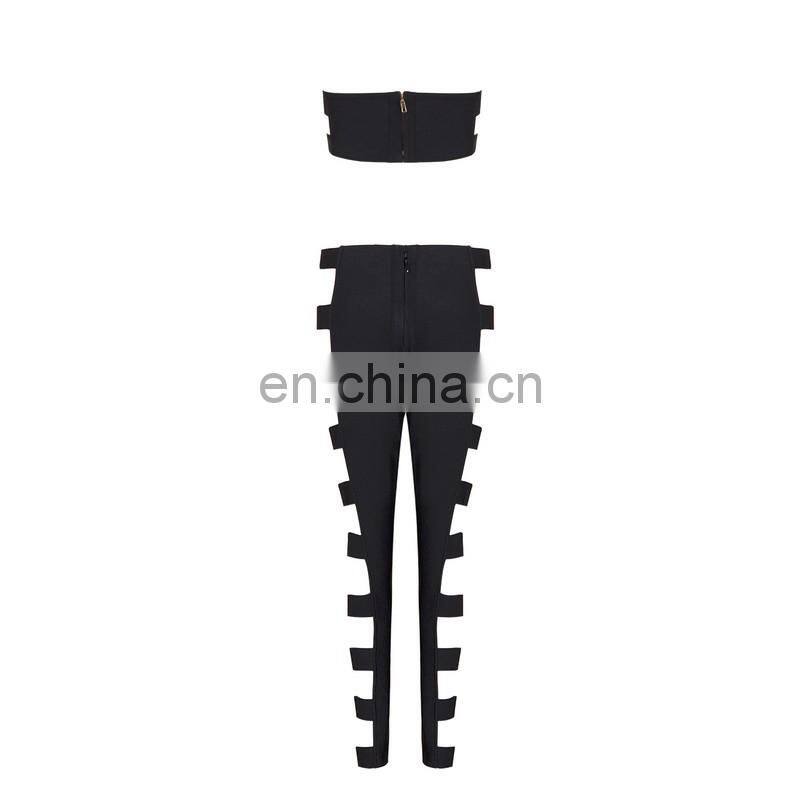 Amigo 2017 new design two piece sexy party wear long bandage pants suit with dew chest metal crop top and cut out pants
