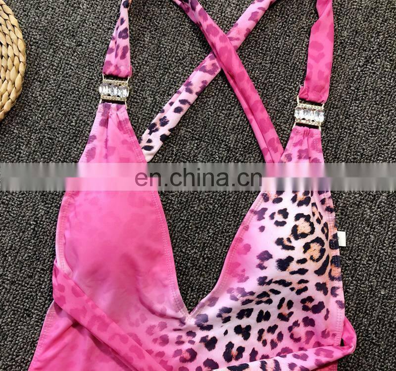 Pink Sexy Leopard Print Swimsuit One Piece Bandage Diamond Swimming Suit Women High Waist Bathing Suit Femme Monokini 2019