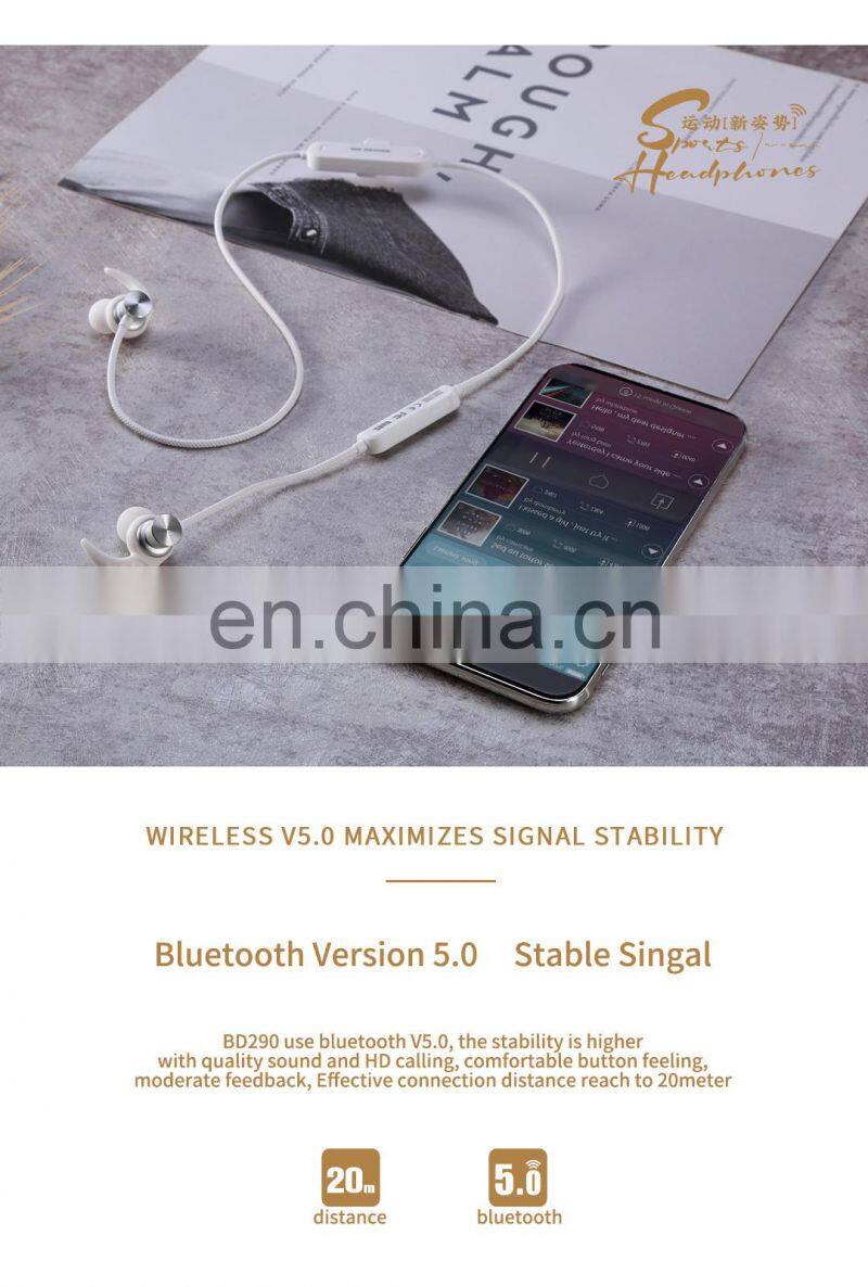Efficient Time Lasting 20meter Transmission Long Distance White Non-drop Sports Bluetooth Headset V5.0