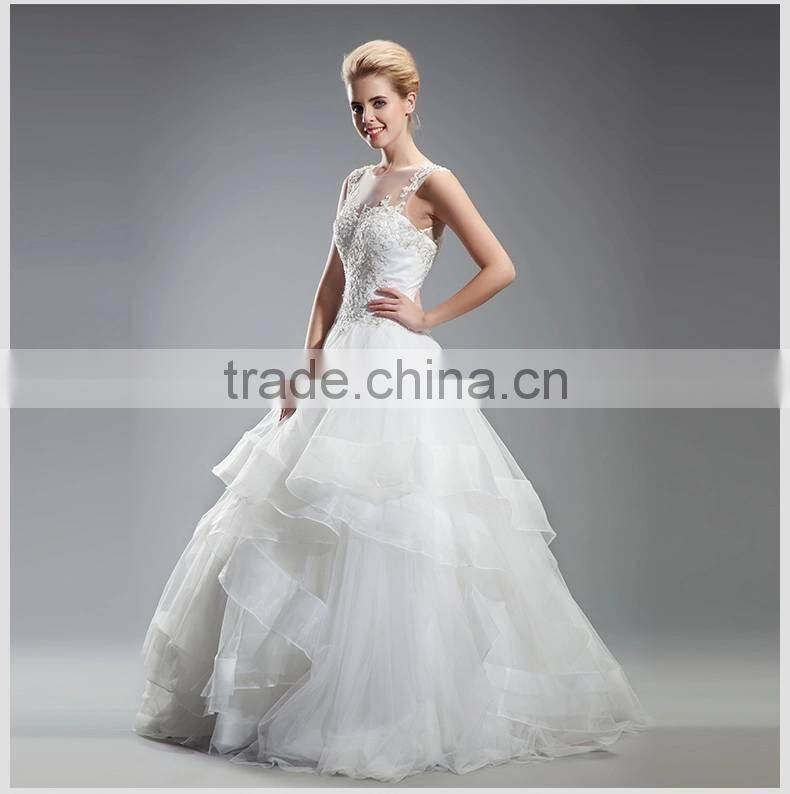 2014 new design round neckline organza alibaba wedding dress with applique