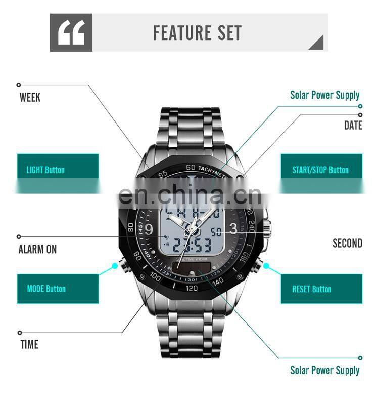 Skmei 1493 solar powered 30meters waterproof stainless steel digital quartz wristwatch