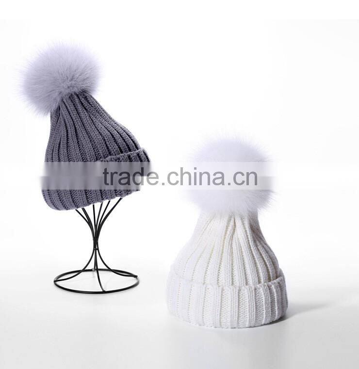 Wholesale Fashion Ladies Printed Real Fur Detachable Pom Pom Beanie Cap