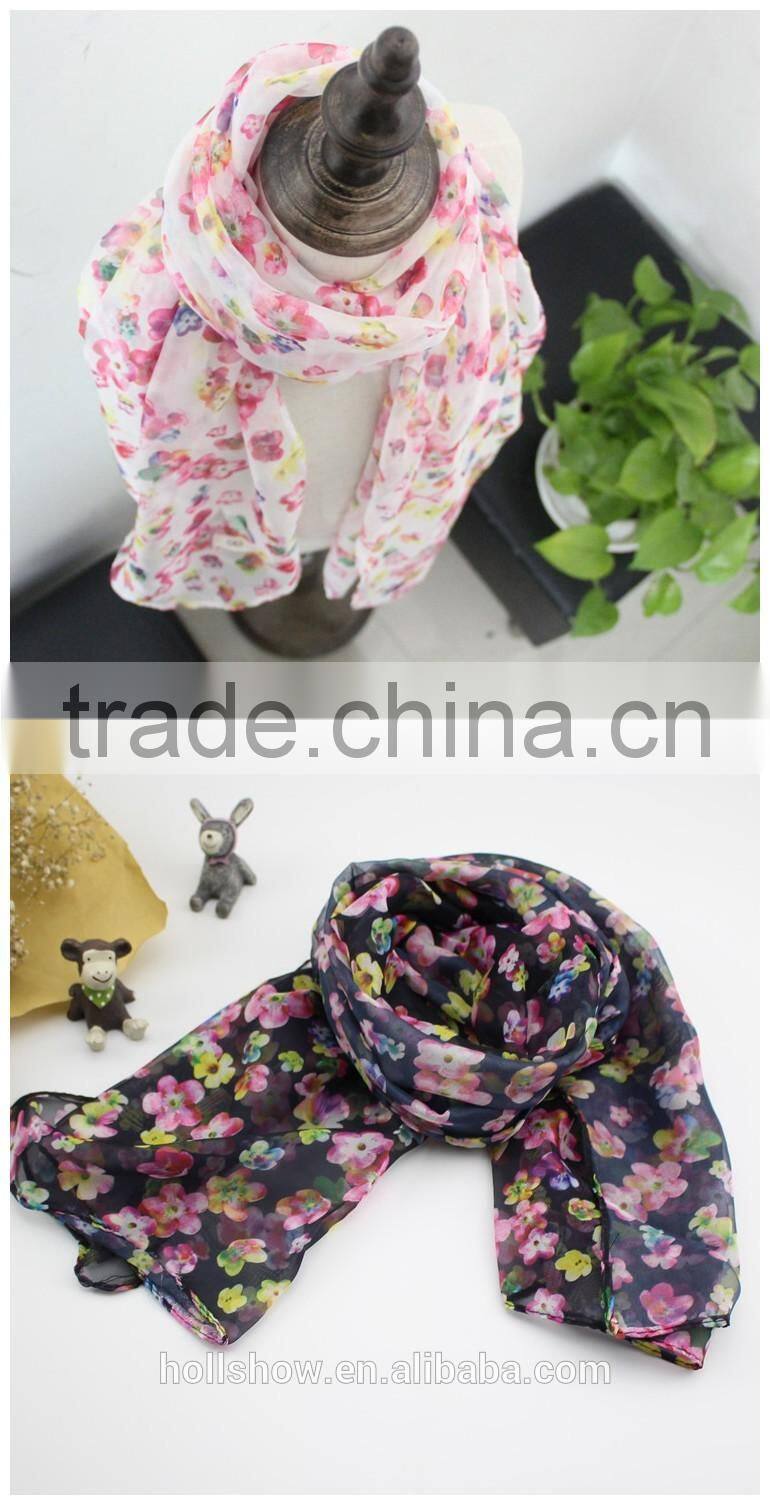 Hot Selling Charm Beautiful Small Flower Printed Polyester Long Fashion Girls Scarf