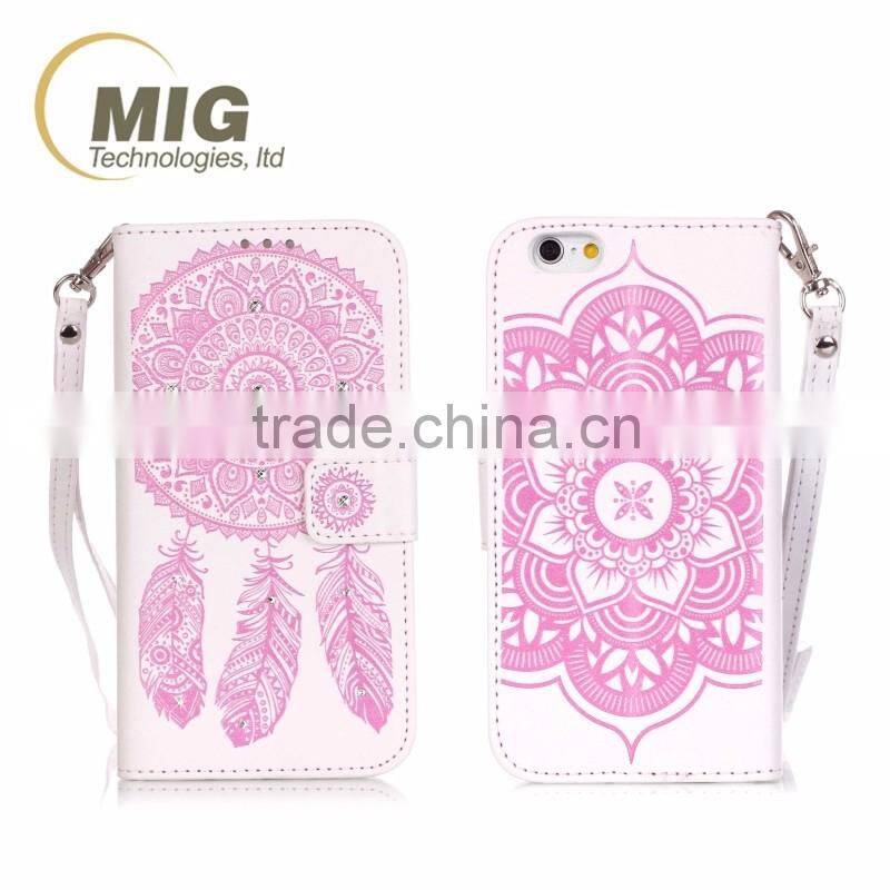 Diamond Flower wallet leather case with strap with inside TPU phone case for iphone 6 6S