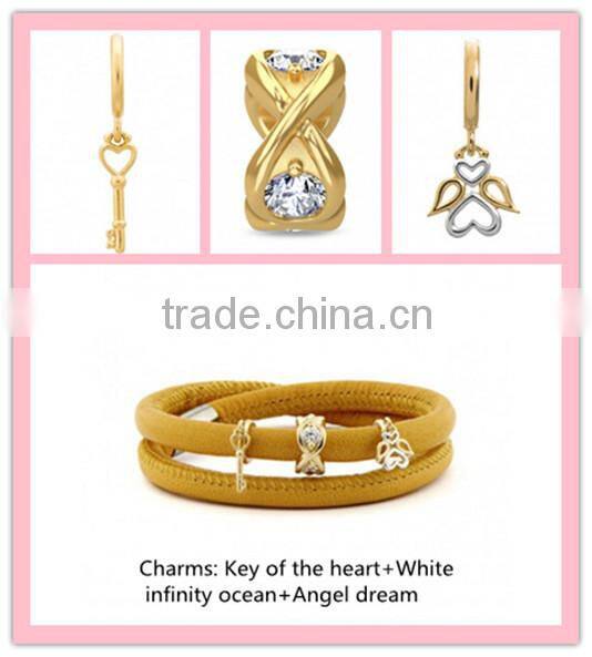 2016 Fashion jewelry endless bracelet double leather bracelet with gold key and angel charms