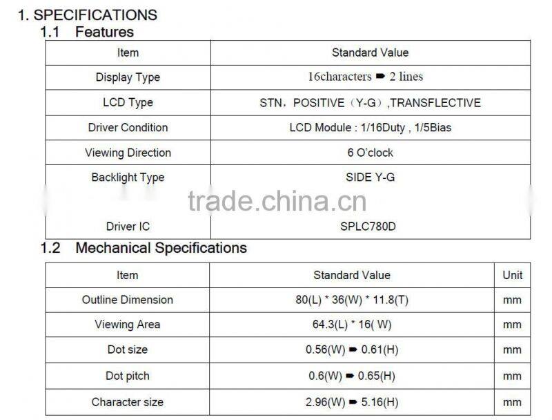 1602 lcd module,dot-martix display,yellow-green transflective STN