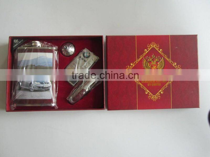 9oz and 18oz hip flask add to four cups and a Funnel in gift set box