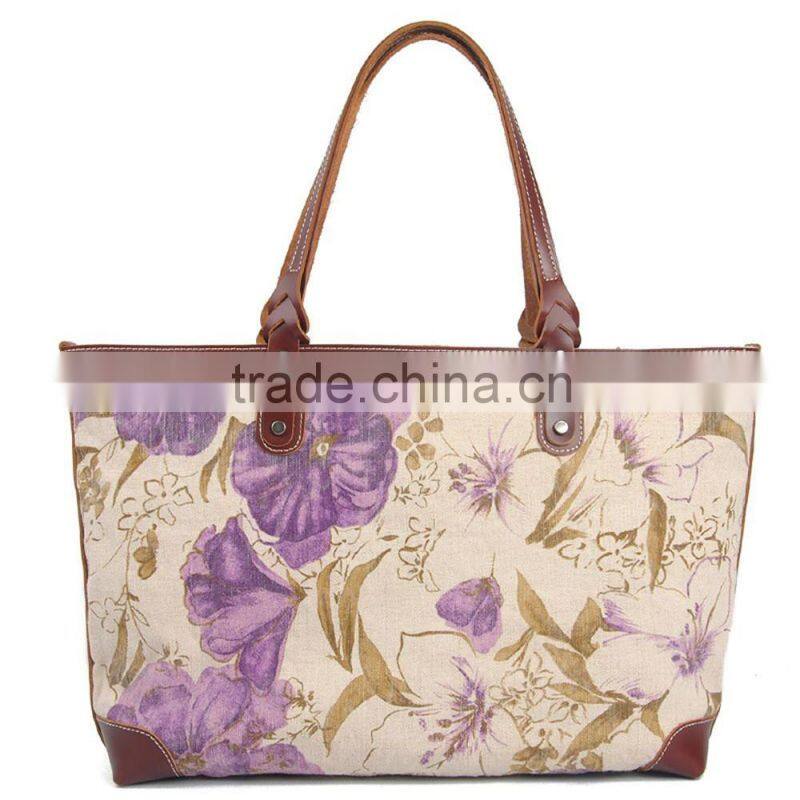 Heavy washed canvas leather flower printing shopping bag ladies canvas bag tote bag