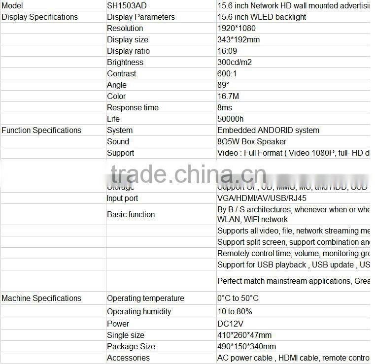 HD 15.6 inch HD wall mounted 15 inch android tablet pc