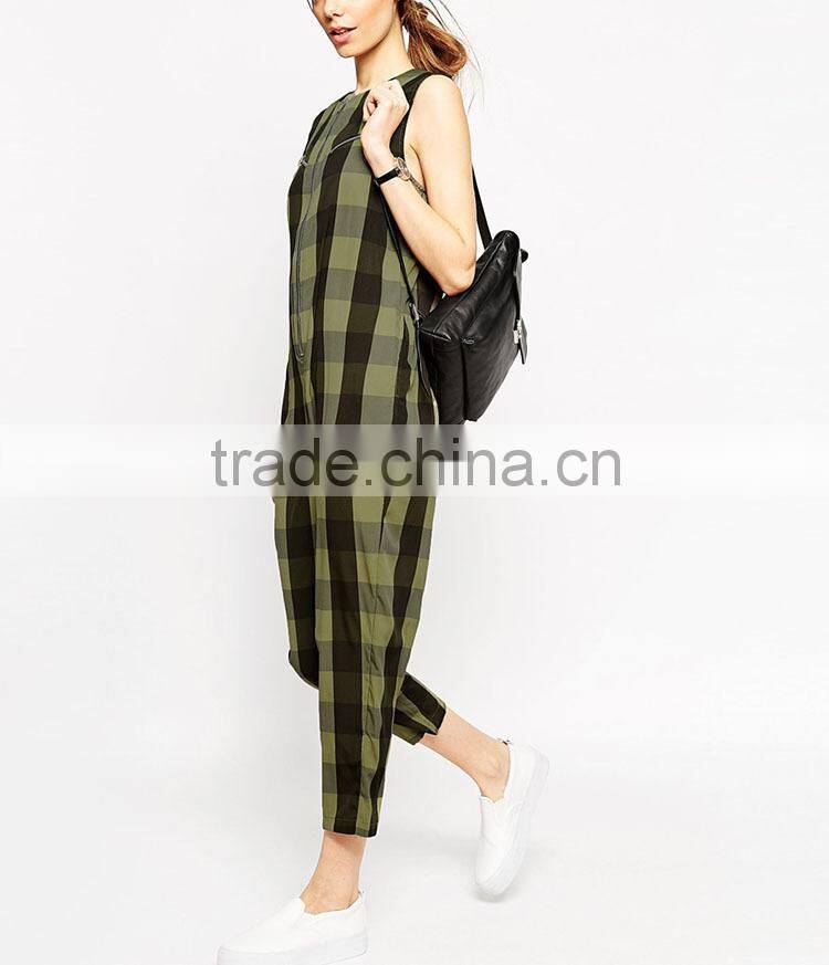2016 New Arrival check patterns zipper one piece rompers jumpsuits with long pants for women