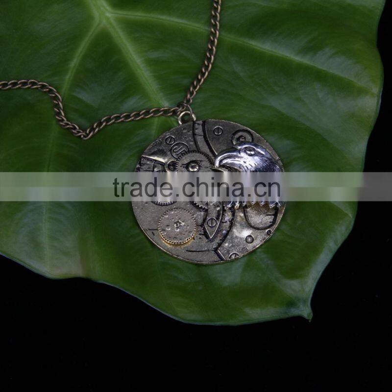 New arrival steampunk round cameo shape eagle head gear steam pendant statement necklace 2015 yiwu fashion jewelry hot sale
