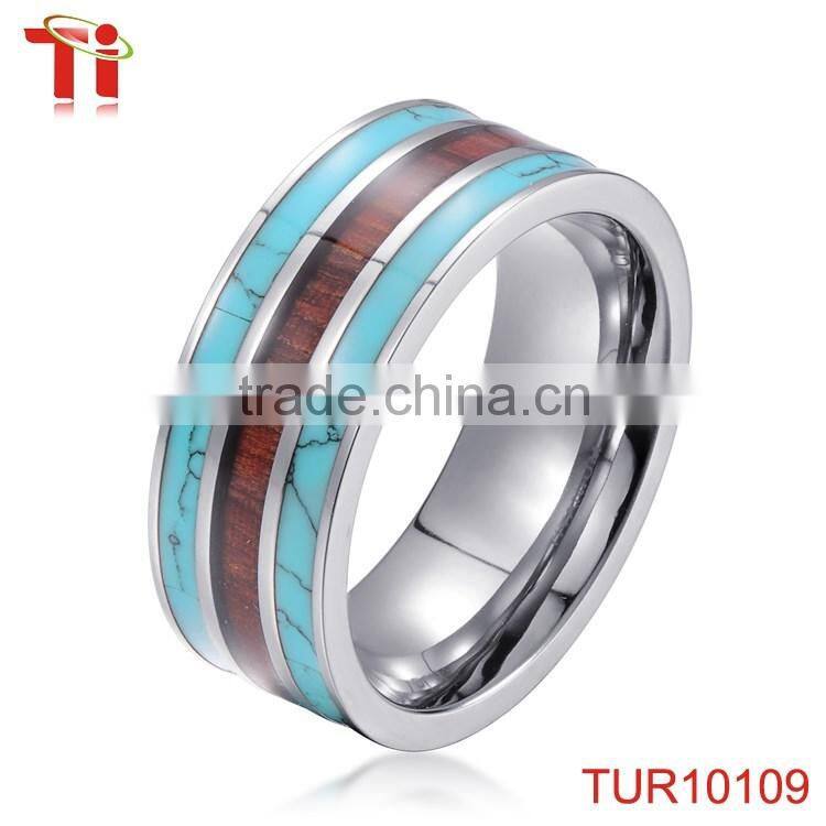Fashion tunsgten wedding bands rings inlay turquoise and wood