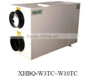 Recovered air ventilation wall hung recuperator with fresh air intake