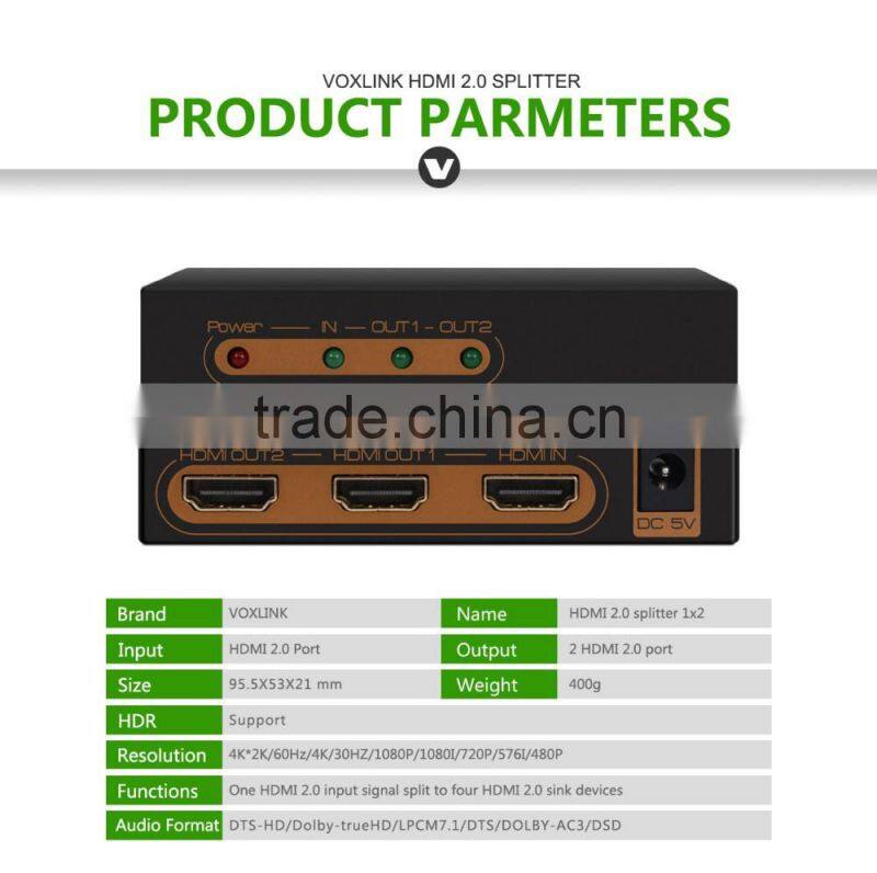 Voxlink HDMI 2.0HDR 1x2 HDMI splitter (4K/60Hz/ HDCP2.2)US