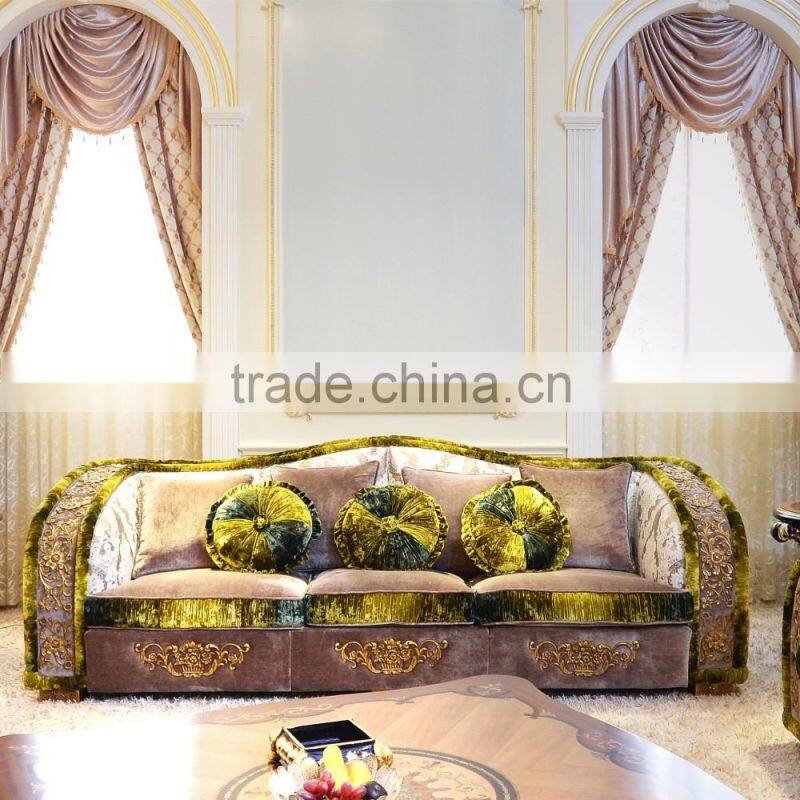 Luxury French Baroque Design New Classic Fabric Living Room Furniture Sofa Set/ Elegant Floral Wooden Hand Carved Sectional Sofa