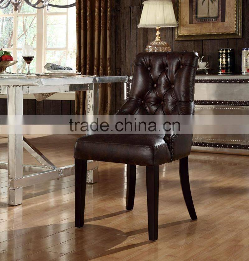 Wholesale Wooden Frame Genuine Brown Leather Dining Chair With Buttons(MOQ=1PC)