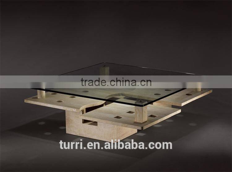 Modern Luxury Travertine base Glass Top Coffee Table