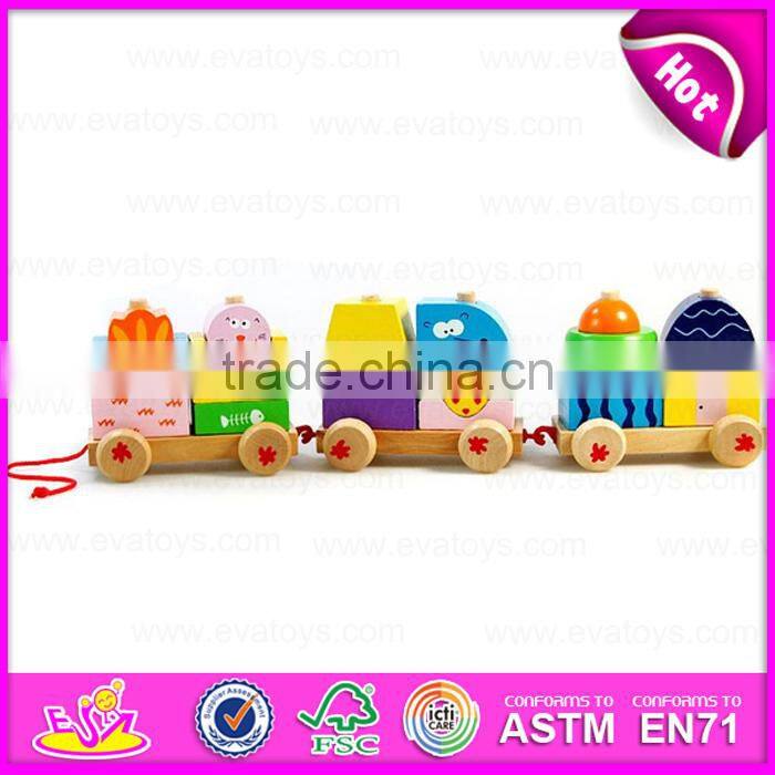 Kids wooden train set pull along toy,Wooden block train toy for children,Pull Shape Block Train Toy W05C021