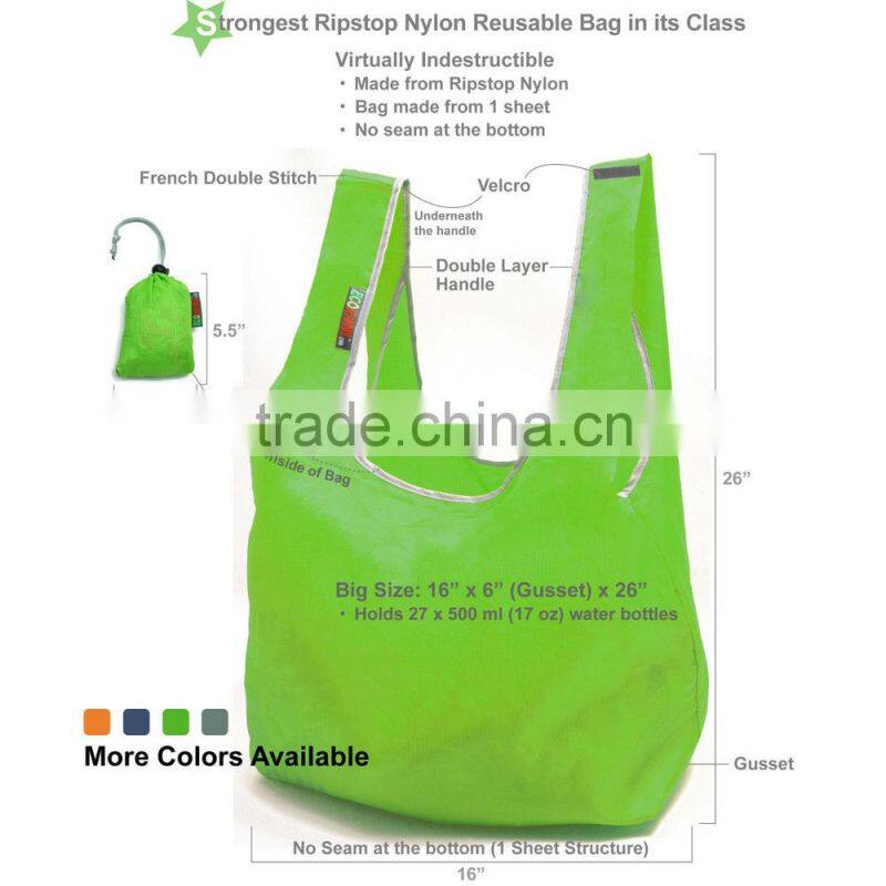 Eco ripstop Nylon Foldable Reusable Bag Tote Grocery Bag Built-in Pouch