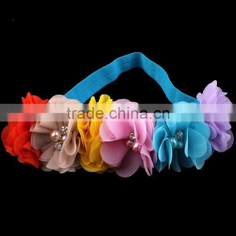 handmade chiffon flower headband with pearl beads center for kids hair accessories for baby girl