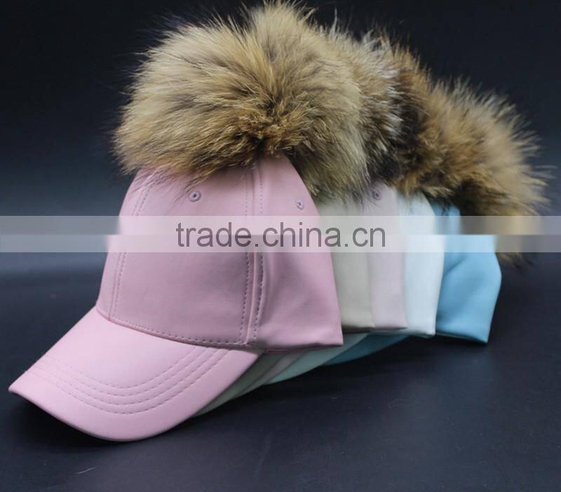 PU Leather Baseball Cap With Fake Foxfeather Pom Pom