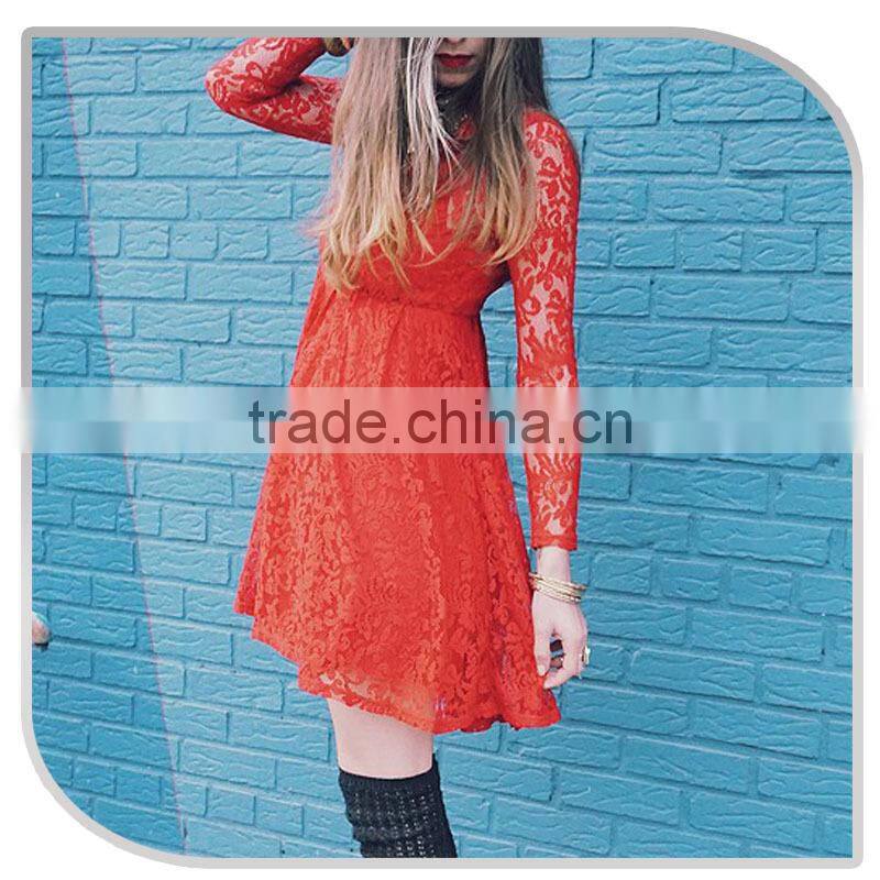2015 new fashion wedding dress long sleeve red lace dress lace crochet evening dress
