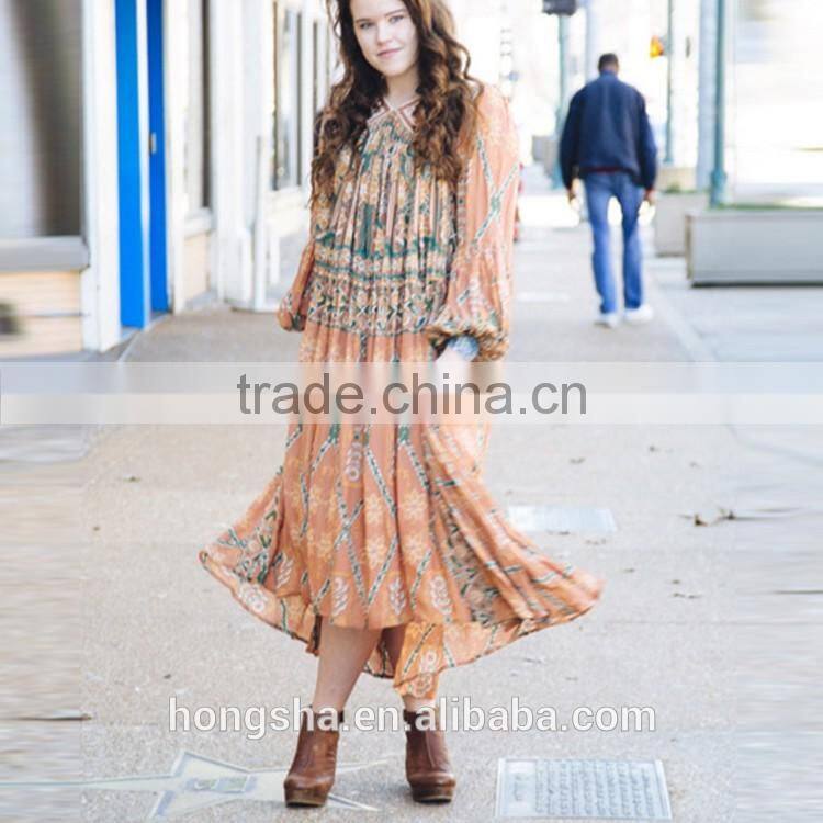 2016 New Burn-Out Ladies Long Csual Dresses Pictures Fashion Printed Vintage Dress HSd7295