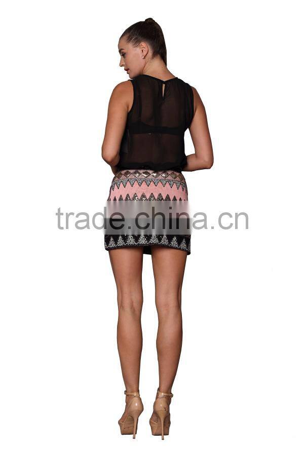 Women Silver Aztec Pattern A line Fitted Sequined Skirts