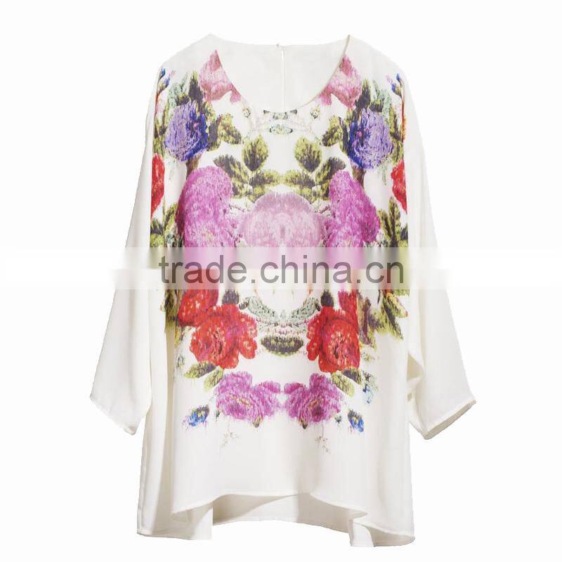 Fashion clothing manufacturer three quarter sleeve round neck chinese style print pattern loose fitting printed white t-shirts