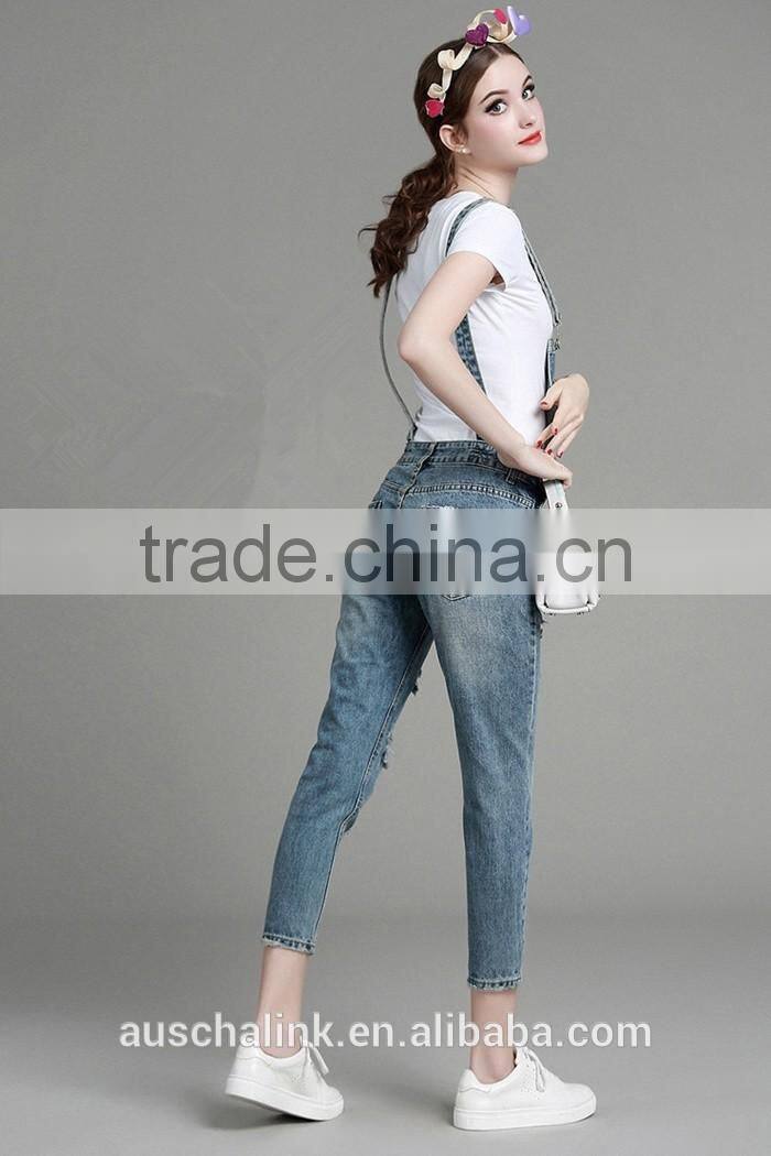 autumn new style high quality washed damaged bib pants customized