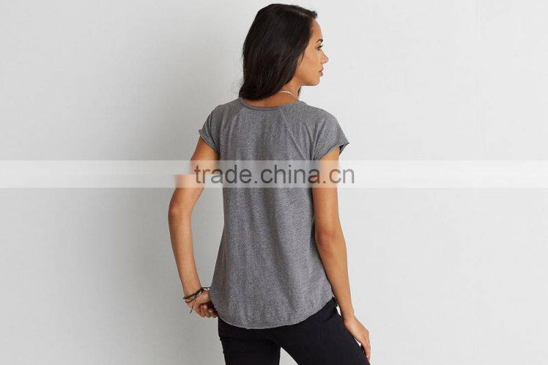 Tagless comfort lace up raglan scoop bottom women t shirt with distressed