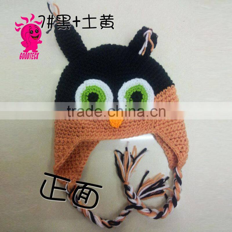 Hot sale 2015 Owl baby black and orange wool hats, green eyes Color matching hats